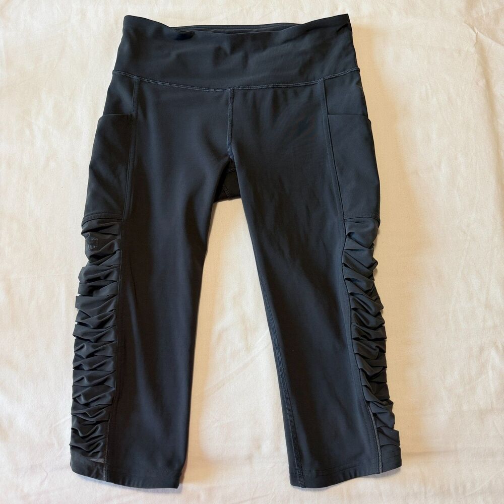 Lululemon Dark Grey Ruched Mesh Run Speed Crop Leggings Side Pockets Size 6